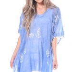 Blue and White Poncho with Pom Poms One Size – $60