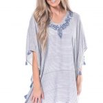 Blue and White Striped Poncho with Tassels One Size – $60